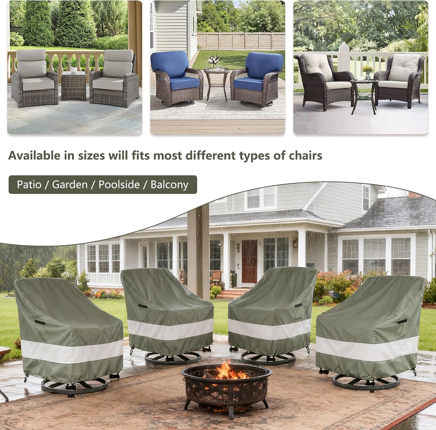Aacabo Outdoor Swivel Chair Cover 4 Pack.Waterproof 100% Outdoor Patio Chair Covers.35W x 37 D x 38.5 H inches.Outside Furniture Lounge Deep Seat Cover -Grayish Green