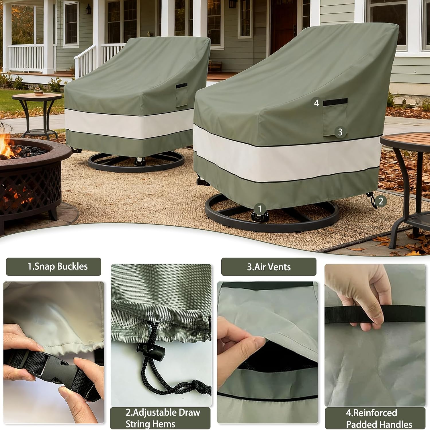 Aacabo Outdoor Swivel Chair Cover 4 Pack.Waterproof 100% Outdoor Patio Chair Covers.35W x 37 D x 38.5 H inches.Outside Furniture Lounge Deep Seat Cover -Grayish Green