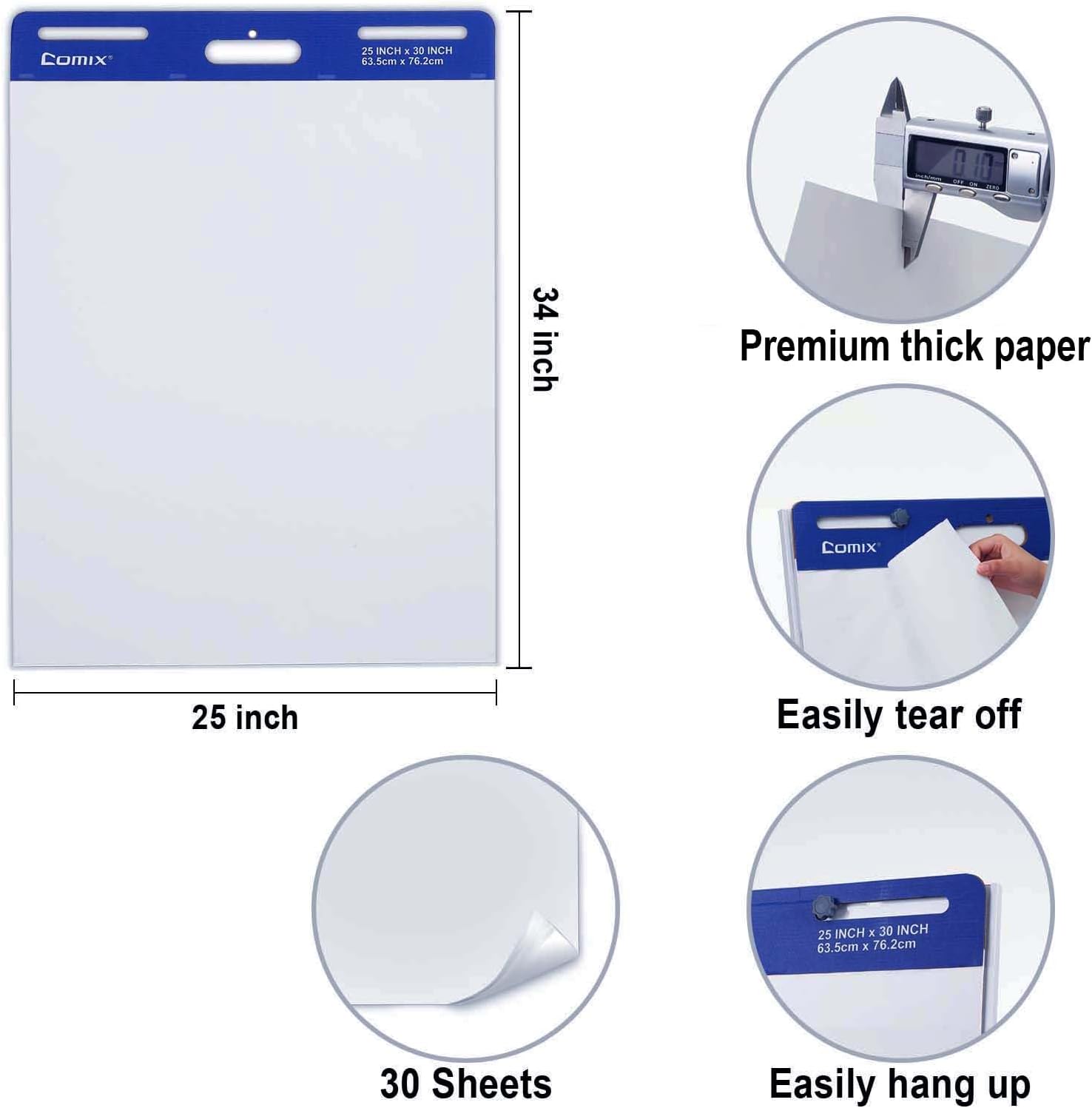 Comix Sticky Easel Pad. 25 x 30 Inch Flip Chart. 30 Sheets/Pad. 4 Pads | Super Sticky self stick easel chart paper bulk. premium teacher supplies for classroom. school and office meetings