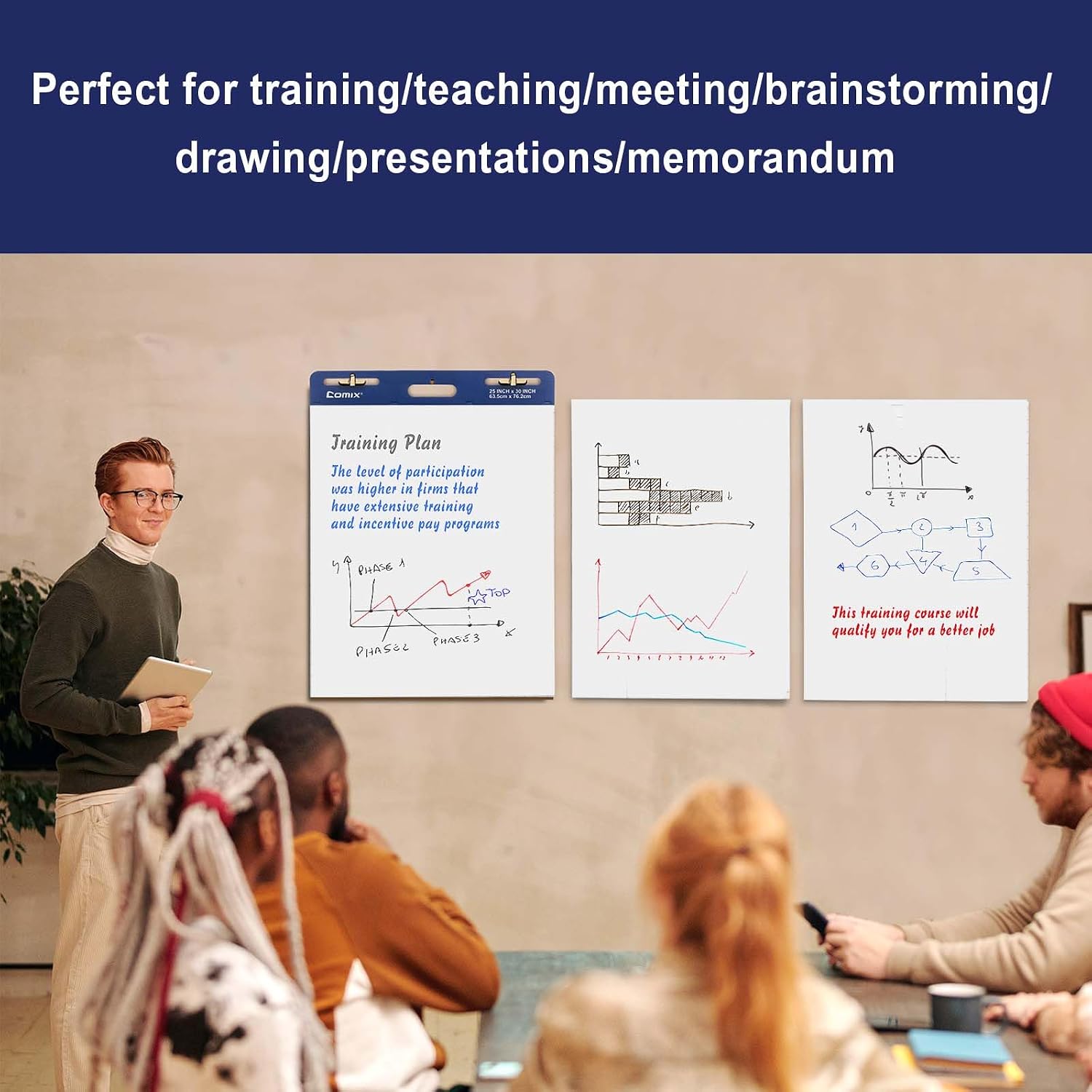 Comix Sticky Easel Pad. 25 x 30 Inch Flip Chart. 30 Sheets/Pad. 4 Pads | Super Sticky self stick easel chart paper bulk. premium teacher supplies for classroom. school and office meetings