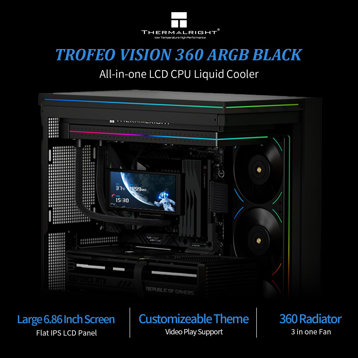 Thermalrlght Trofeo Vision 360 ARGB Black CPU Aio Cooler.CPU Water Cooling System.6.86inch IPS Long Screen with 1280x480 Resolution.for AM4/AM5.LGA1851/1700.Magnetic Screen is not Limited