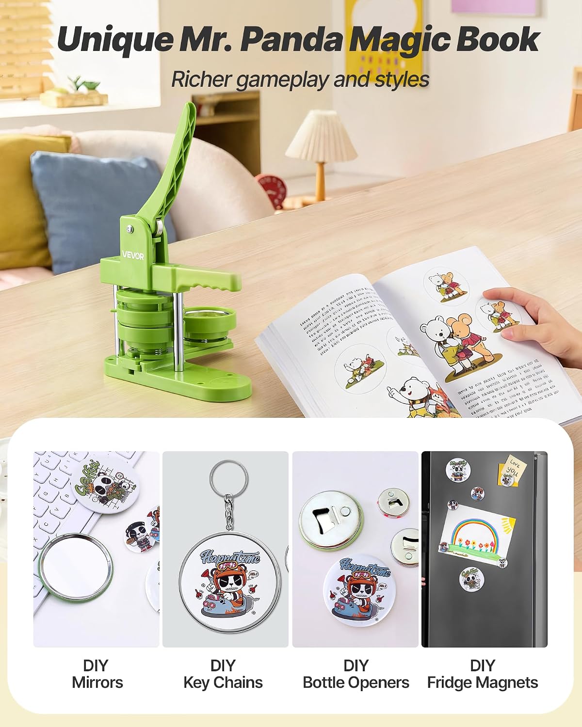 VEVOR Button Maker Machine. 3in/75mm Plastic Pin Maker with 100pcs Button Parts. Mr. Panda Magic Book. Circle Cutter and Hex Wrenches. Reinforced Ergonomic Handle. for DIY Badges. Personalized Pins
