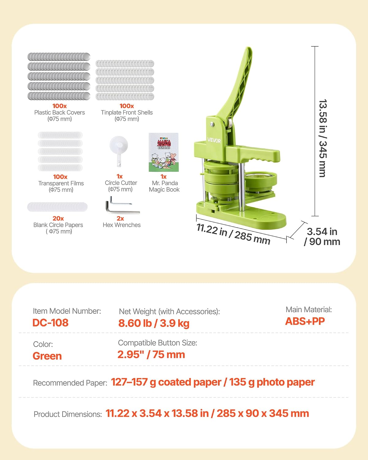 VEVOR Button Maker Machine. 3in/75mm Plastic Pin Maker with 100pcs Button Parts. Mr. Panda Magic Book. Circle Cutter and Hex Wrenches. Reinforced Ergonomic Handle. for DIY Badges. Personalized Pins