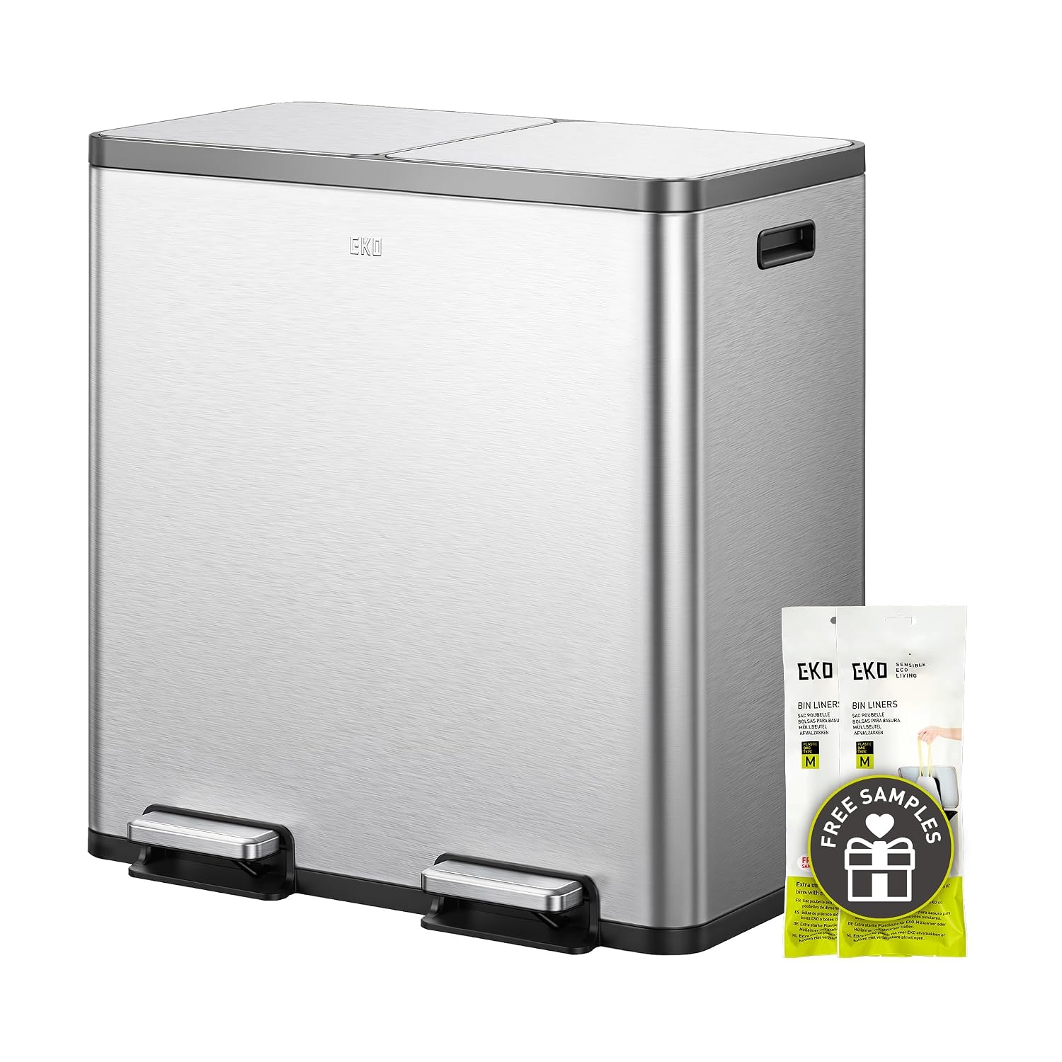 EKO EcoCasa Plus 2 x 10.6 Gal Dual Recycling Trash Can for Kitchen. Large Stainless Steel Step-On Garbage Can with Soft-Close Lids. Odor-Proof and Fingerprint-Resistant. Removable Buckets with Handles