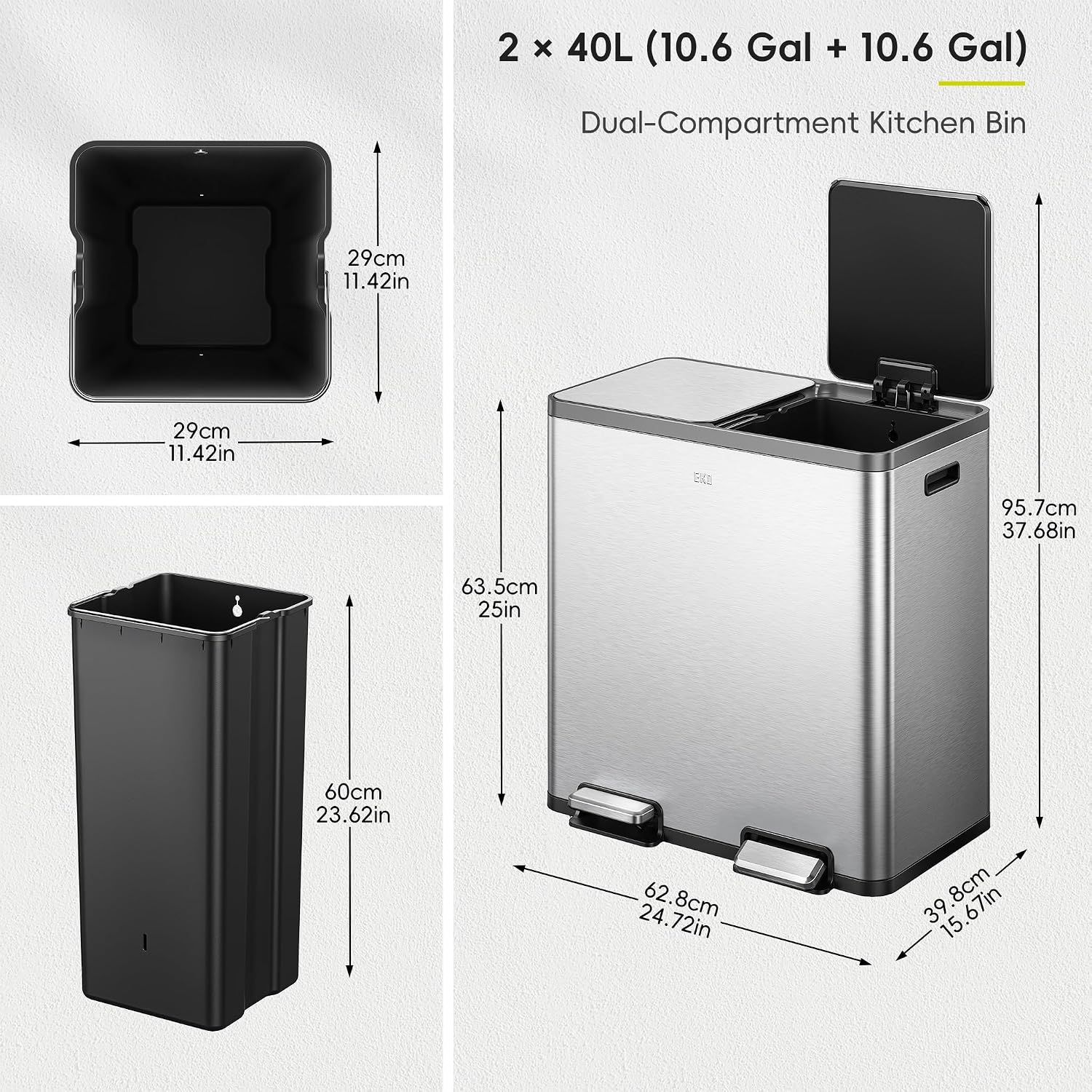 EKO EcoCasa Plus 2 x 10.6 Gal Dual Recycling Trash Can for Kitchen. Large Stainless Steel Step-On Garbage Can with Soft-Close Lids. Odor-Proof and Fingerprint-Resistant. Removable Buckets with Handles