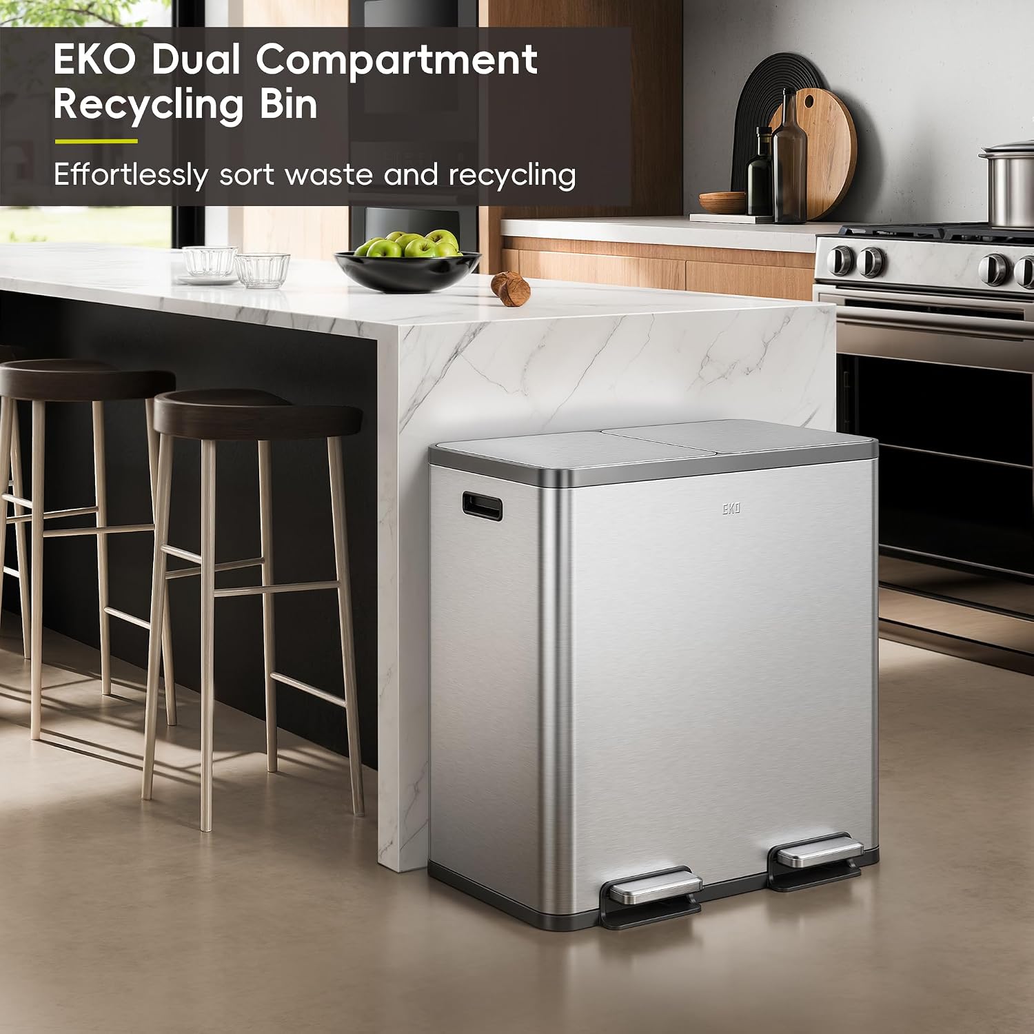 EKO EcoCasa Plus 2 x 10.6 Gal Dual Recycling Trash Can for Kitchen. Large Stainless Steel Step-On Garbage Can with Soft-Close Lids. Odor-Proof and Fingerprint-Resistant. Removable Buckets with Handles