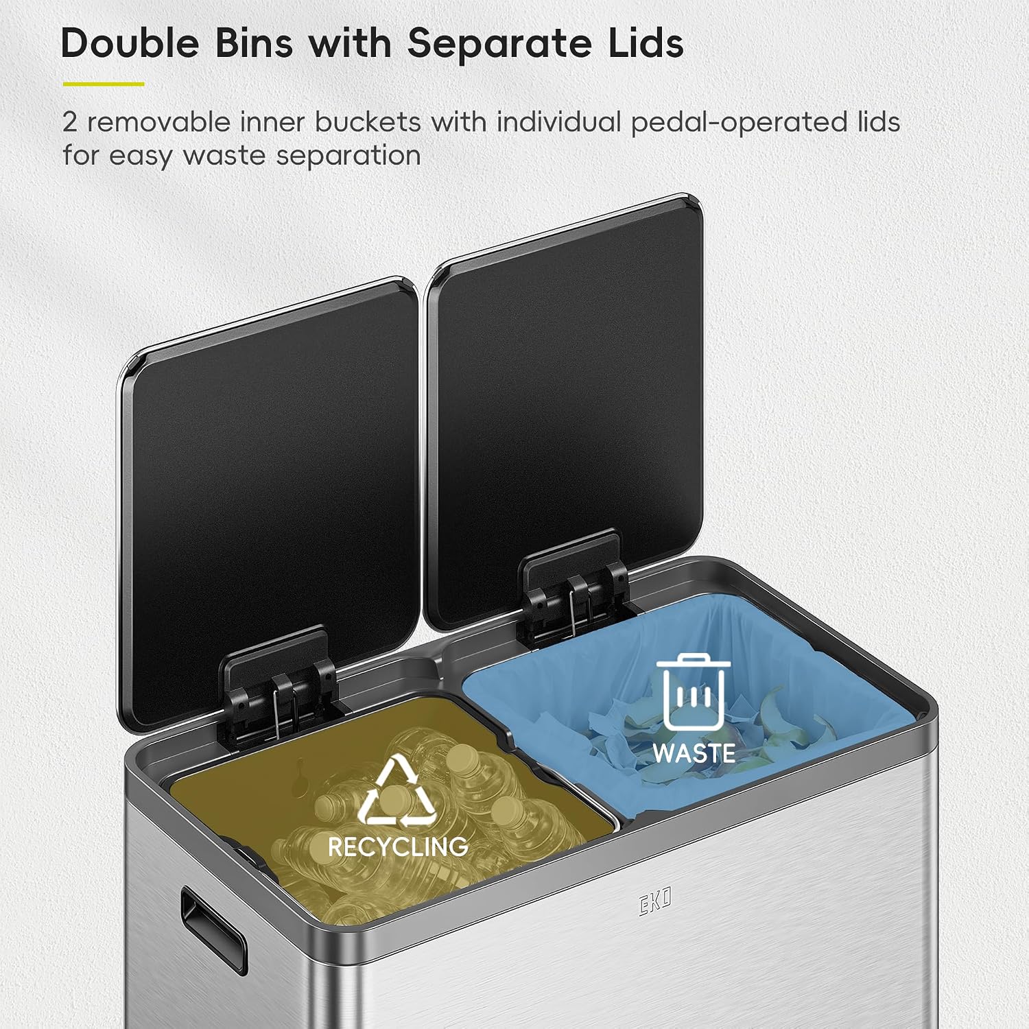 EKO EcoCasa Plus 2 x 10.6 Gal Dual Recycling Trash Can for Kitchen. Large Stainless Steel Step-On Garbage Can with Soft-Close Lids. Odor-Proof and Fingerprint-Resistant. Removable Buckets with Handles