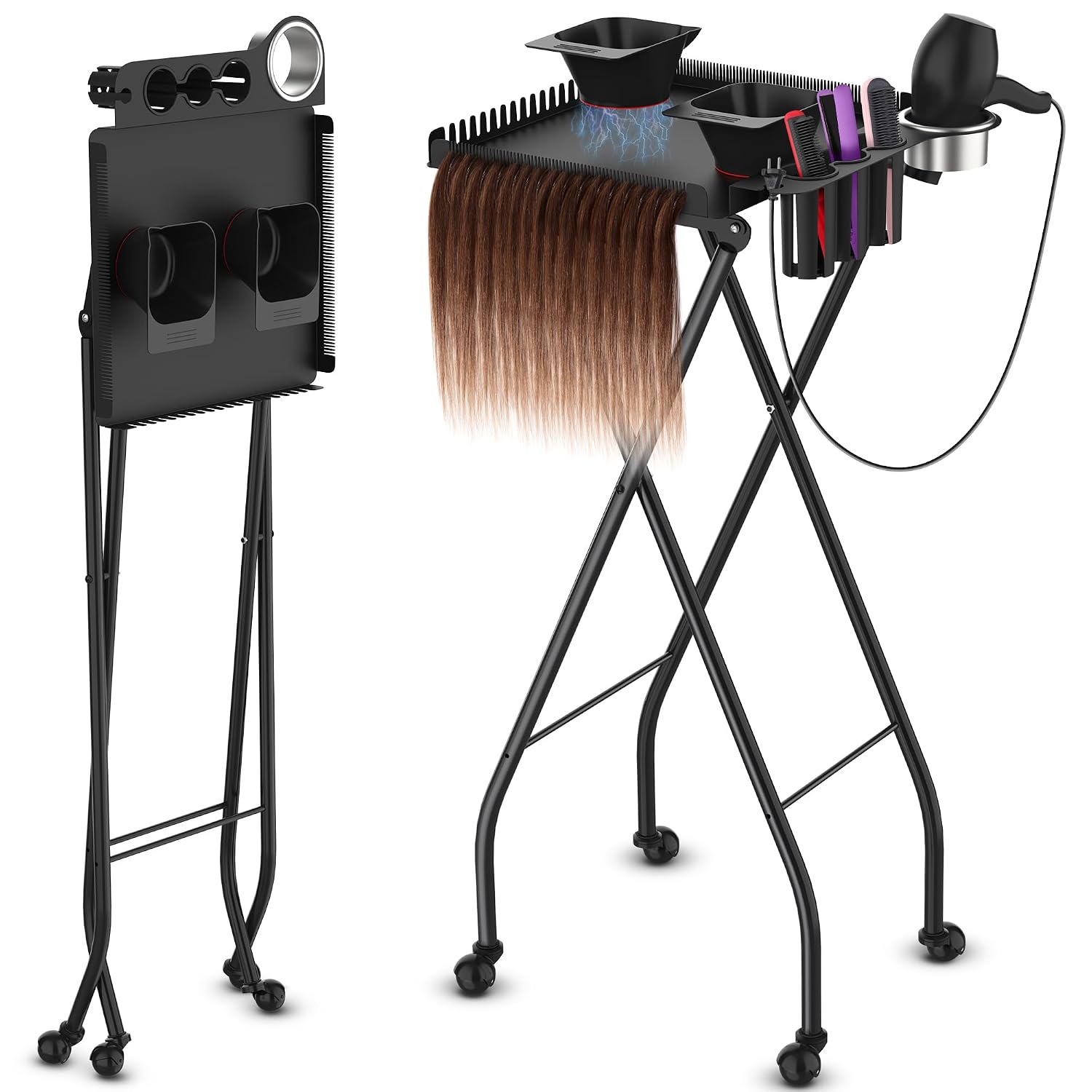 TASALON Professional Hair Styling Station Cart. Metal Rolling Hair Stylist Cart with 2 Magnetic Hair Color Bowls. Salon Trolley with Tool Holder and Hair Extension Stand for Hair Salon Stations