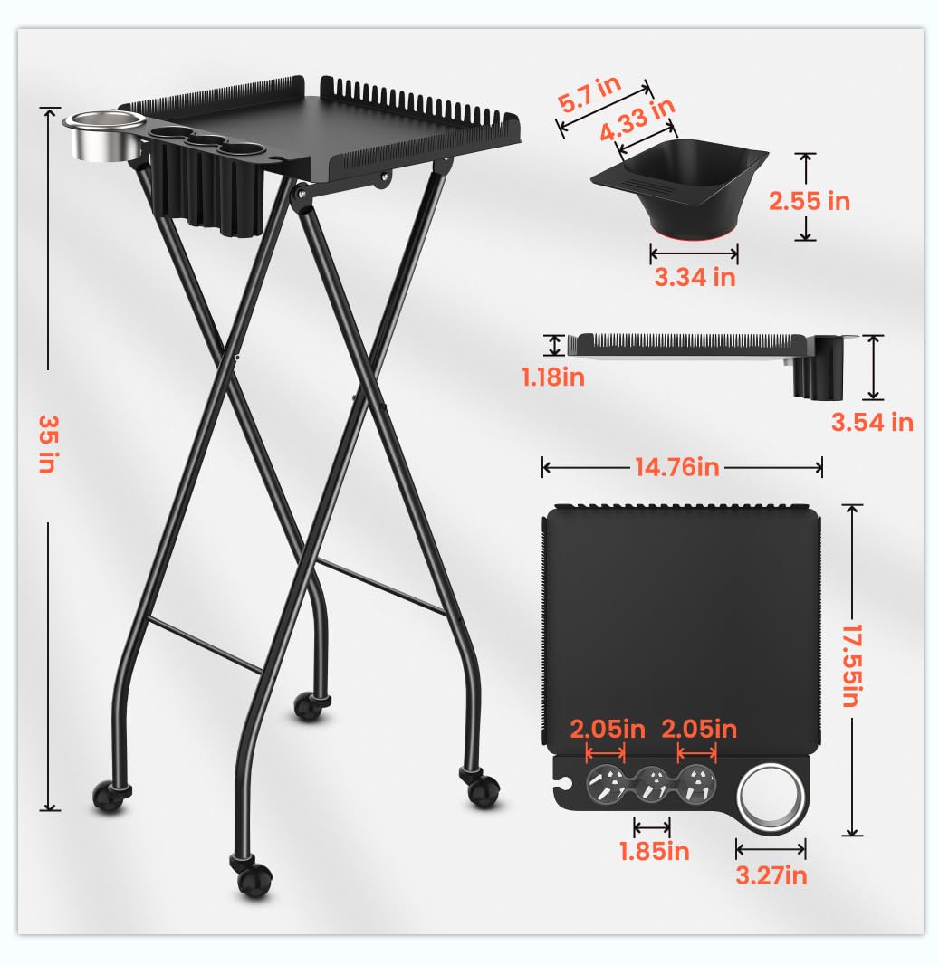 TASALON Professional Hair Styling Station Cart. Metal Rolling Hair Stylist Cart with 2 Magnetic Hair Color Bowls. Salon Trolley with Tool Holder and Hair Extension Stand for Hair Salon Stations