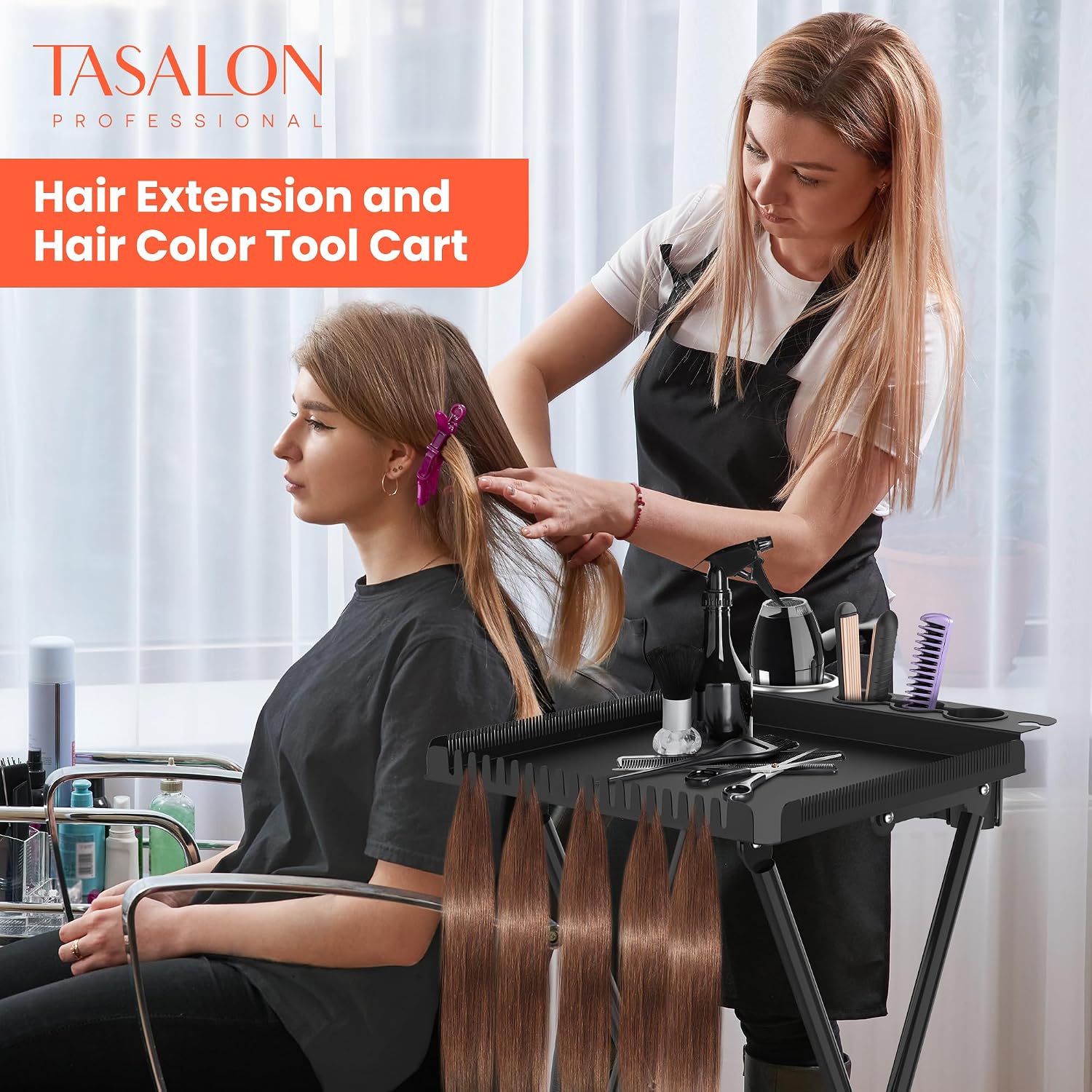 TASALON Professional Hair Styling Station Cart. Metal Rolling Hair Stylist Cart with 2 Magnetic Hair Color Bowls. Salon Trolley with Tool Holder and Hair Extension Stand for Hair Salon Stations