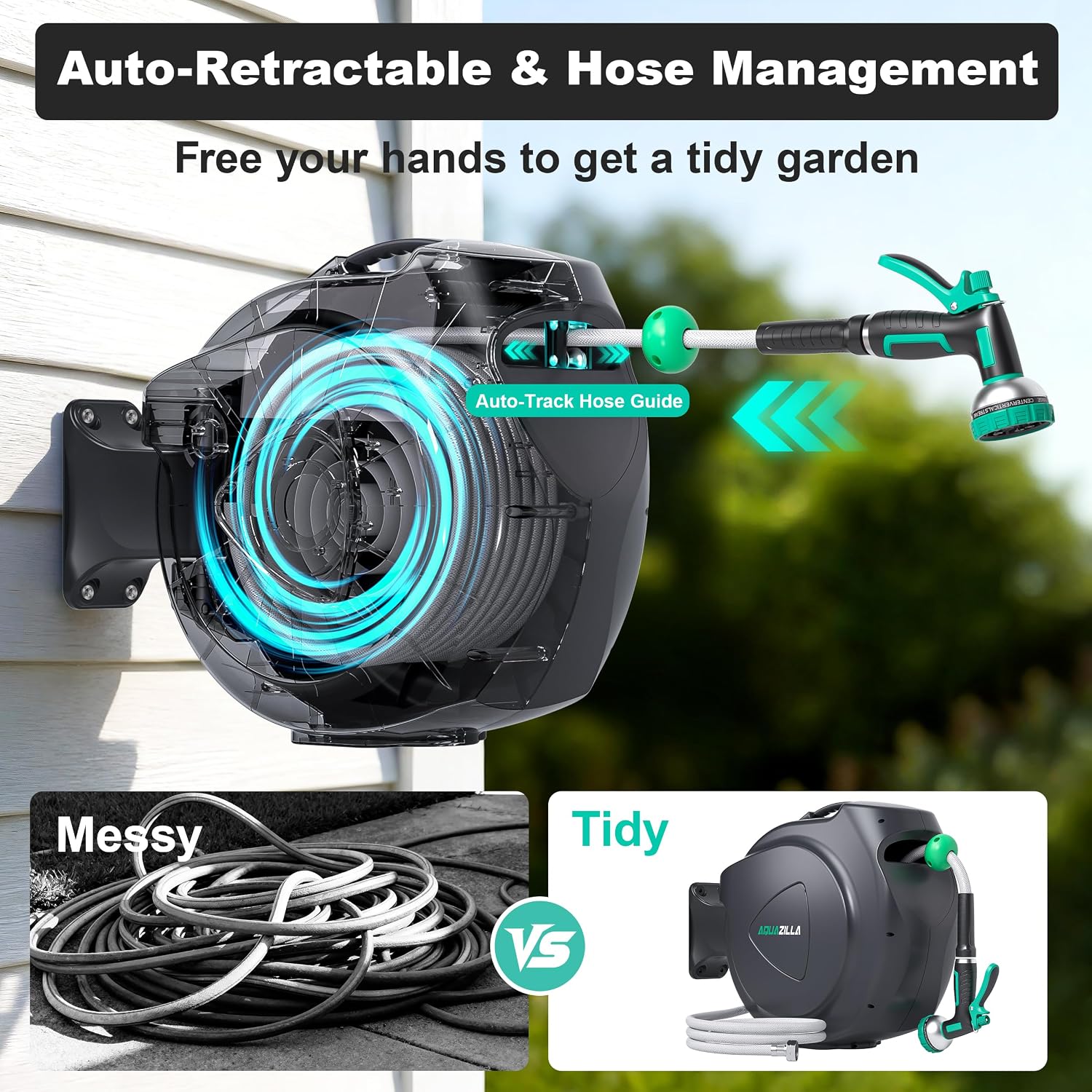 Retractable Garden Hose Reel - 5/8 in x 100 ft Automatic Wall Mount Heavy Duty Automatic Water Hose Reel with 9 Patterns Nozzle. Kink-Resistant Hose. 180° Swivel. Auto-Lock for Outdoor Watering