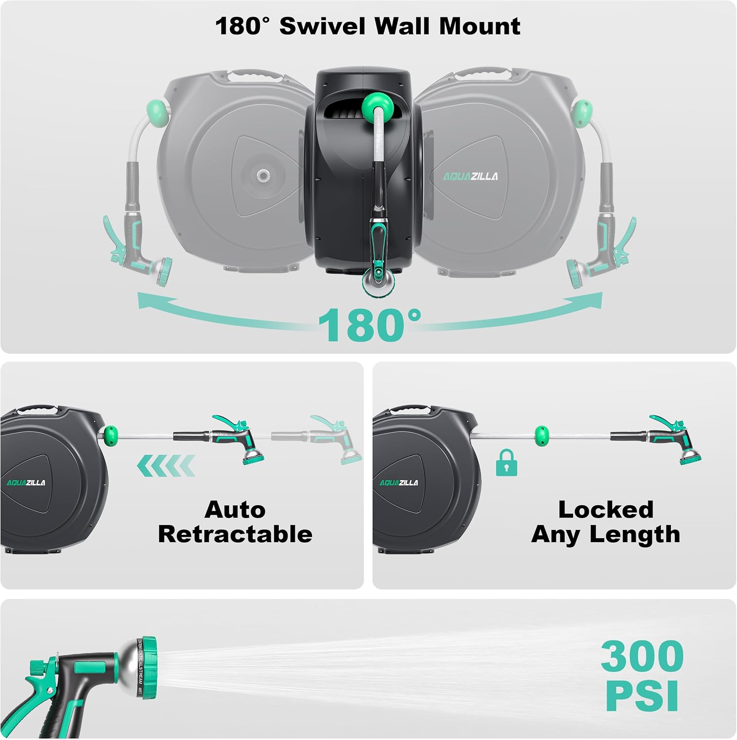 Retractable Garden Hose Reel - 5/8 in x 100 ft Automatic Wall Mount Heavy Duty Automatic Water Hose Reel with 9 Patterns Nozzle. Kink-Resistant Hose. 180° Swivel. Auto-Lock for Outdoor Watering