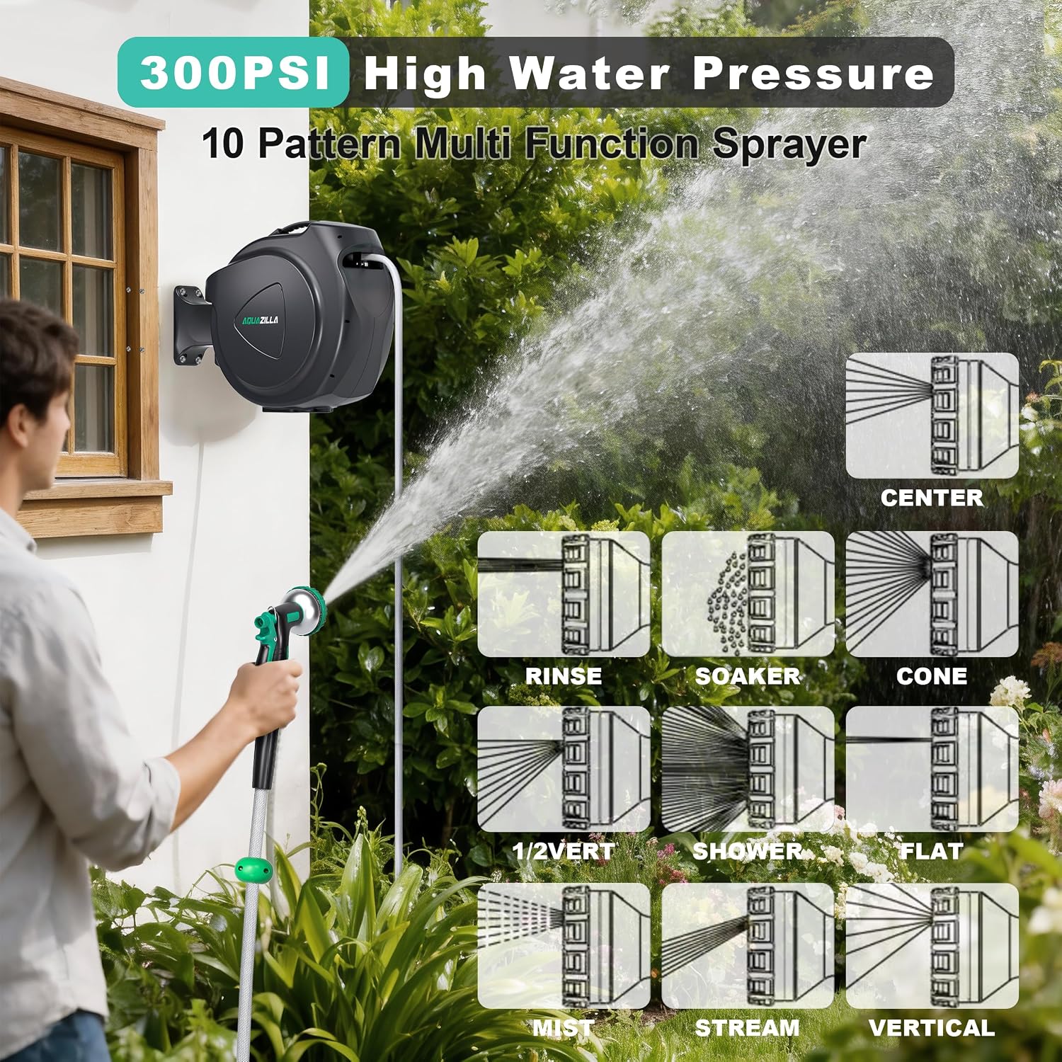Retractable Garden Hose Reel - 5/8 in x 100 ft Automatic Wall Mount Heavy Duty Automatic Water Hose Reel with 9 Patterns Nozzle. Kink-Resistant Hose. 180° Swivel. Auto-Lock for Outdoor Watering
