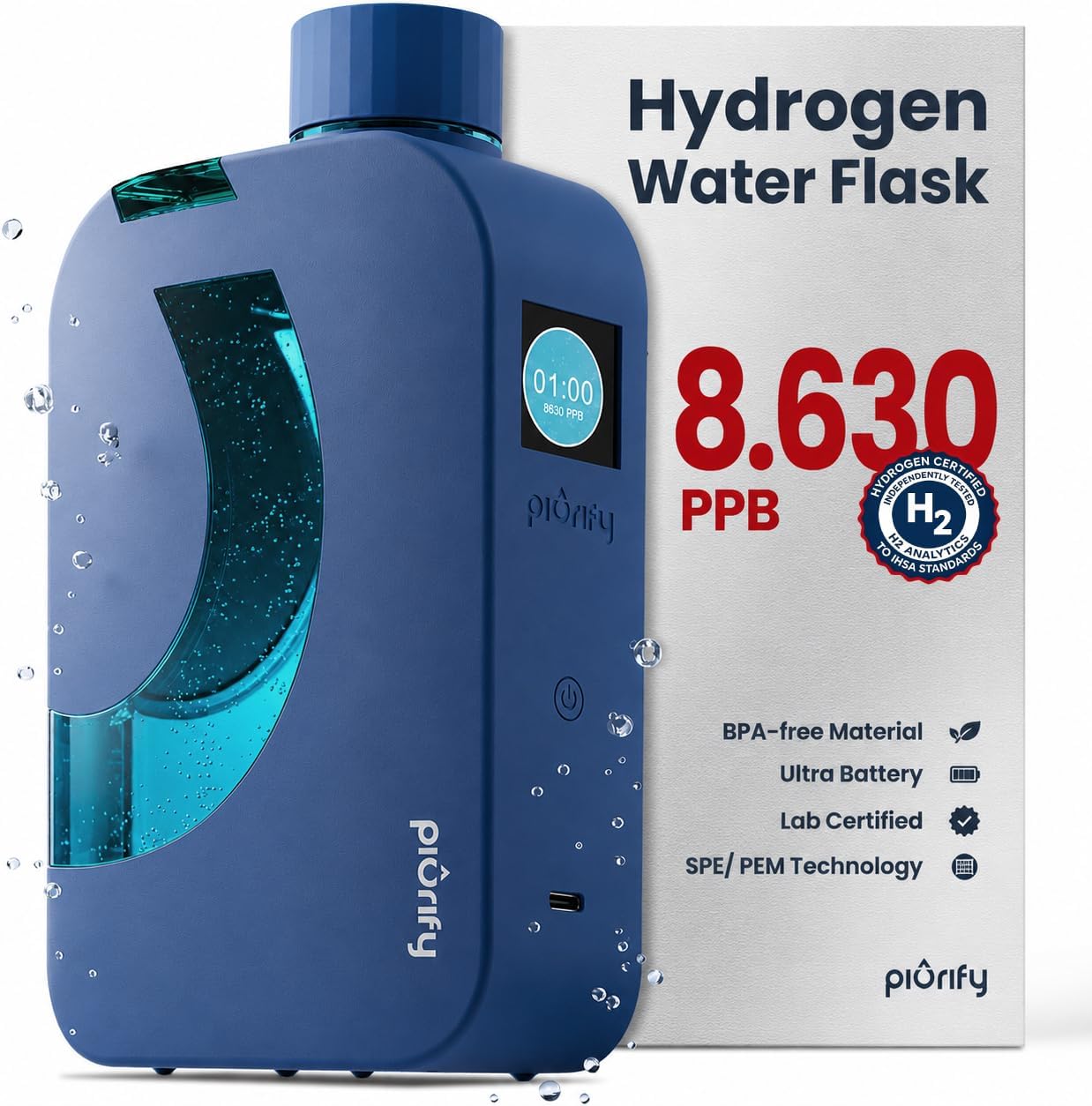 PIURIFY Flask Hydrogen Water Bottle | 8.630 PPB | 12 OZ | BPA-Free | Self-Cleaning | 5000 mAh Battery | USA Certified | Blue