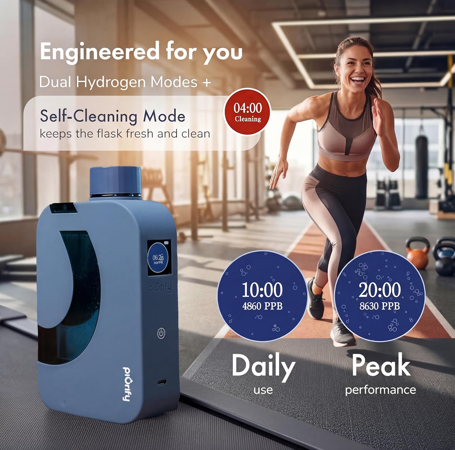 PIURIFY Flask Hydrogen Water Bottle | 8.630 PPB | 12 OZ | BPA-Free | Self-Cleaning | 5000 mAh Battery | USA Certified | Blue