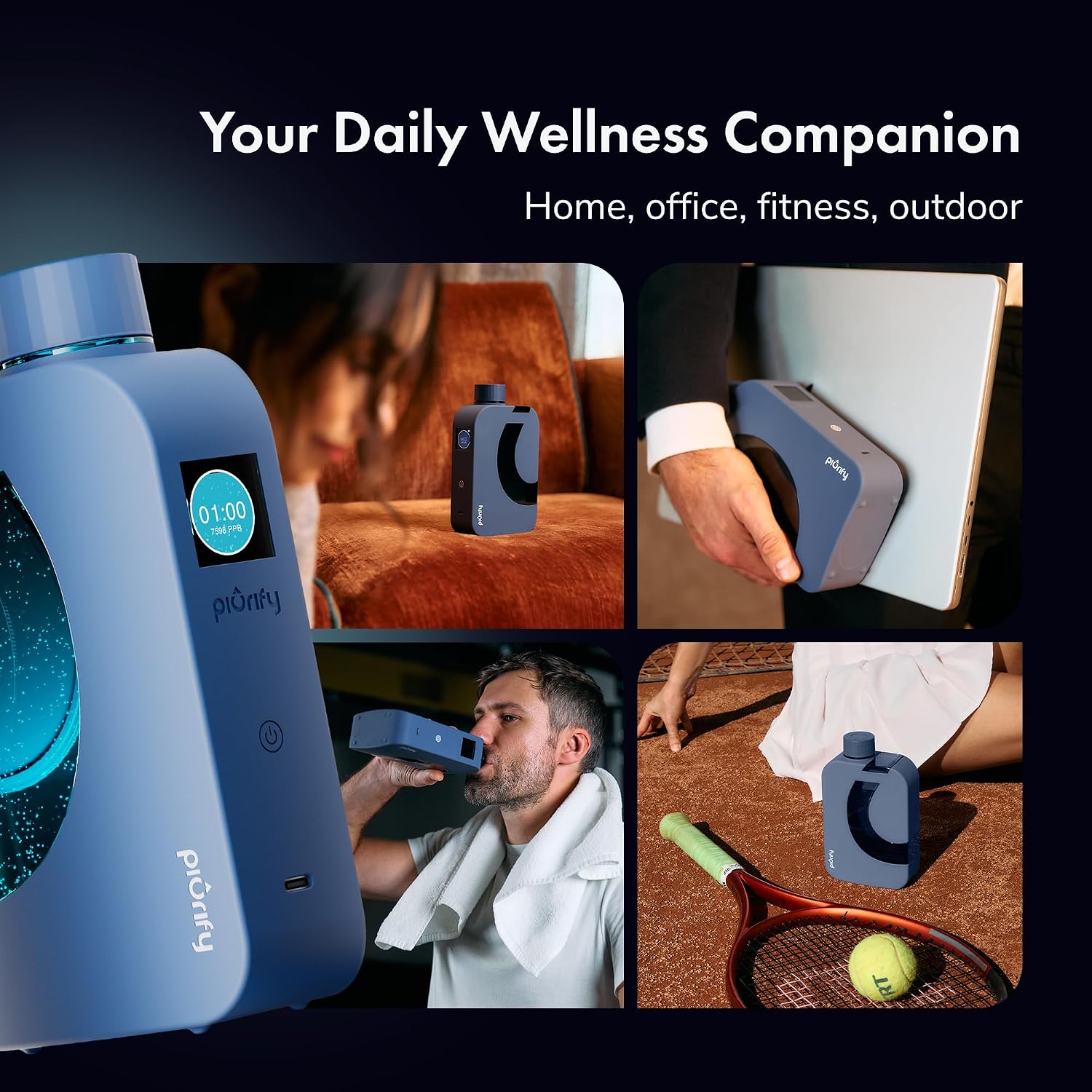 PIURIFY Flask Hydrogen Water Bottle | 8.630 PPB | 12 OZ | BPA-Free | Self-Cleaning | 5000 mAh Battery | USA Certified | Blue