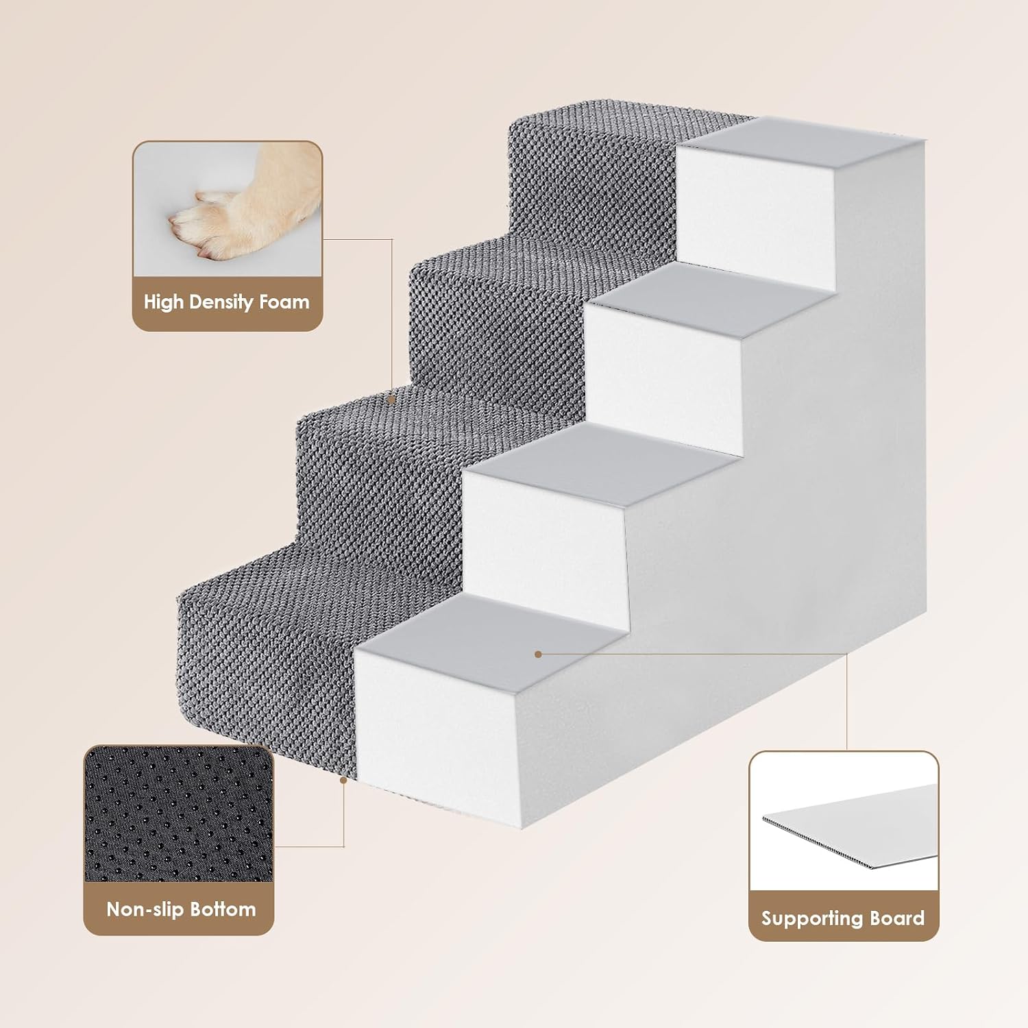 EHEYCIGA Dog Stairs for Bed 18 H. 4-Step Dog Steps for High Bed. Grey | Pet Steps for Small Dogs and Cats. Non-Slip Balanced Pet Ramp Indoor