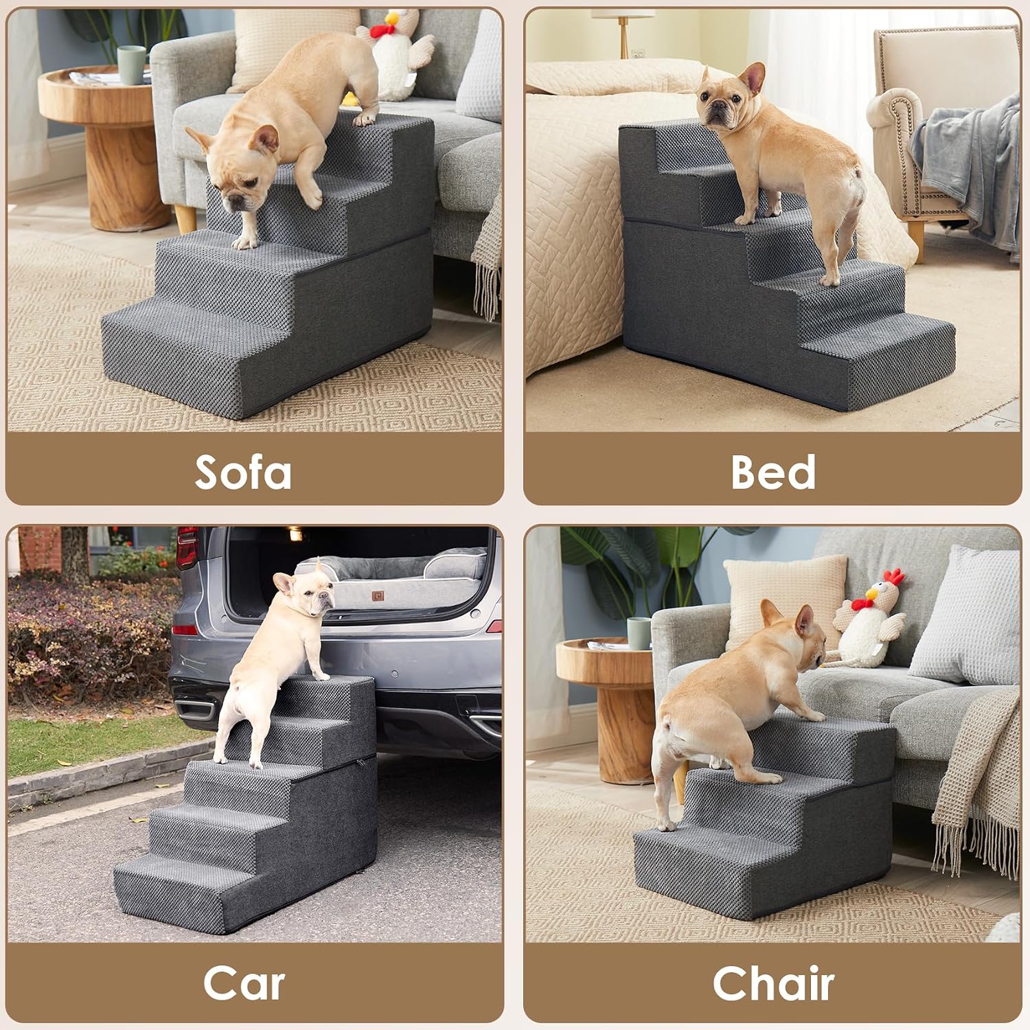 EHEYCIGA Dog Stairs for Bed 18 H. 4-Step Dog Steps for High Bed. Grey | Pet Steps for Small Dogs and Cats. Non-Slip Balanced Pet Ramp Indoor