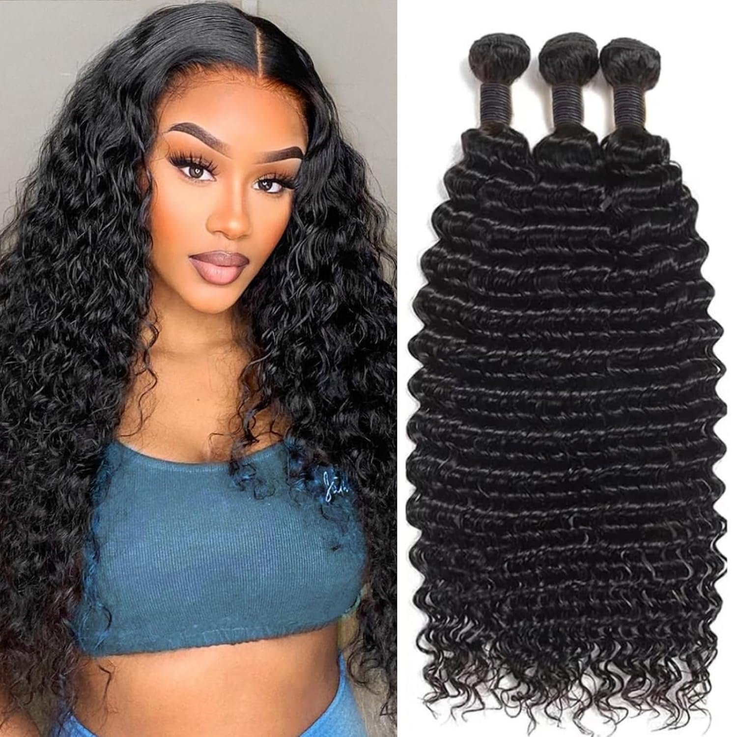 Deep Wave Human Hair Bundles 20 20 20 Inch 12A Unprocessed Brazilian Virgin Hair Deep Curly 3 Bundles Wet and Wave Hair Extensions Natural Color