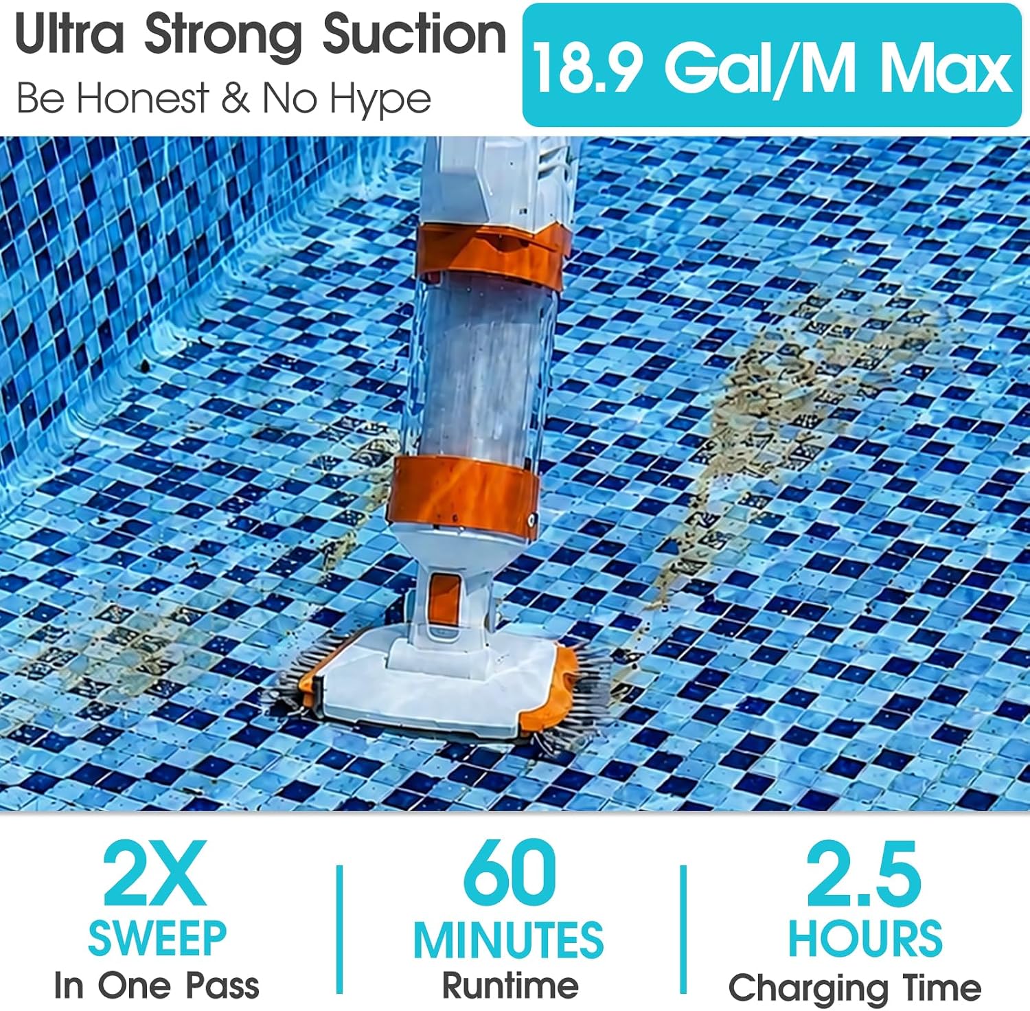 AQUAFYSH Cordless Pool Vacuum-True Powerful Suction 18.9GPM. 100inch. 1H Runtime. 25µm Fluff Ultra Fine Filter.Handheld Rechargeable Hot Tub Cleaner with Poles for Above Ground&Inground Pool