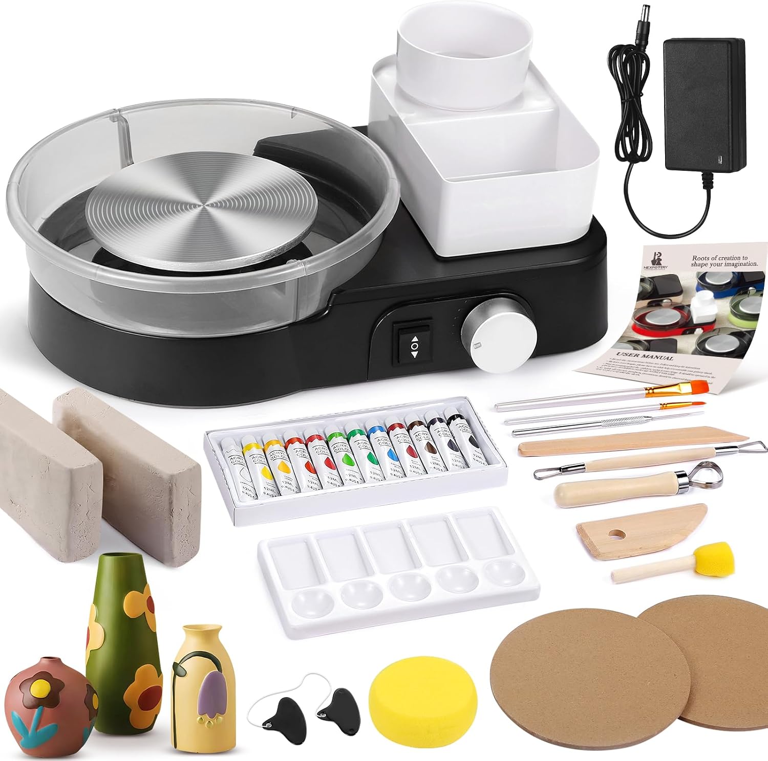 Pottery Wheel for Adults - Complete Pottery Tools Kit for Beginners. 6 Turntable Two-Way Rotation Adjustable Speed. 2.2 lbs. Air Dry Clay. Mini Clay Making Pottery Wheel with Storage Design (Black)