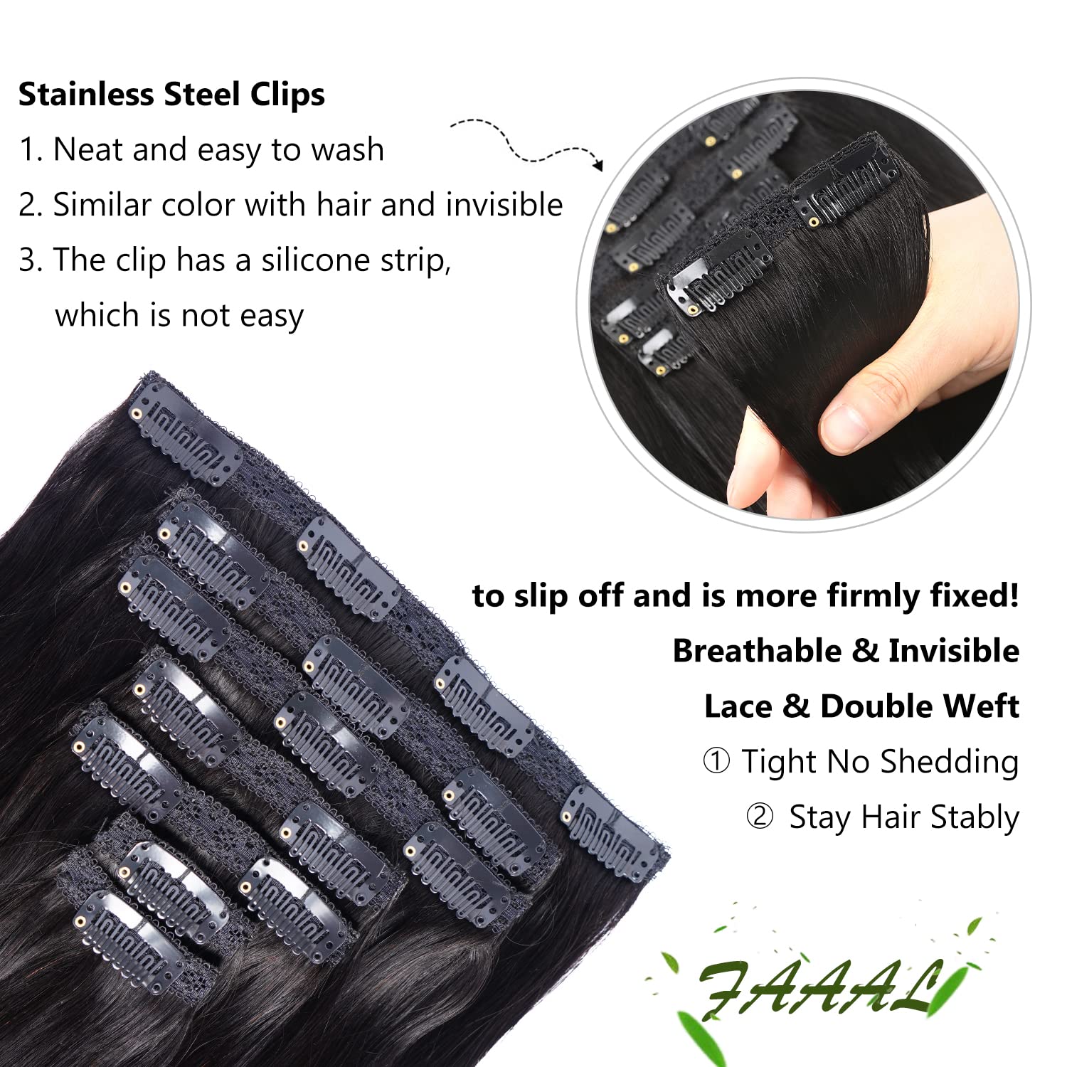 22 Clip in Human Hair Extensions Full Head 200g 10 Pieces 22 Clips 1# Jet Black Double Weft Brazilian Real Remy Hair Extensions Thick Straight Silky (22.200g Jet Black)