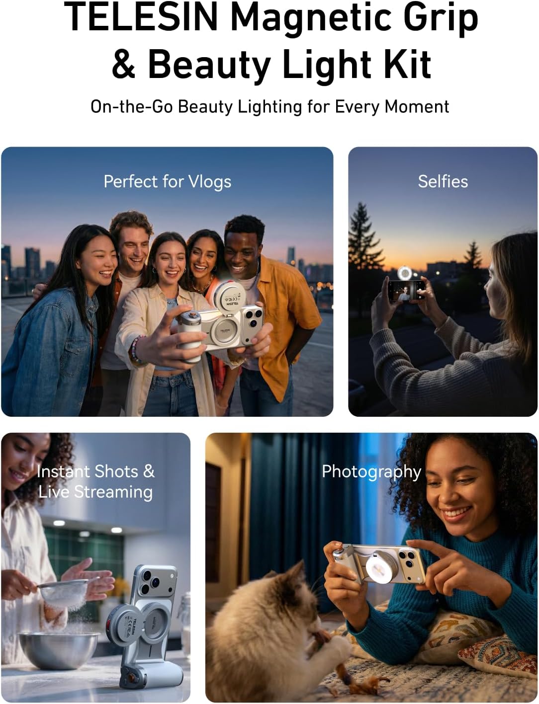 TELESIN Pro Shot Imaging Grip + Beauty Selfie Flash Light Bundle Kit | DSLR Style Feel. Ergonomic Grip. Strong Magnetic Hold | MagSafe Creator Kit for iPhone & Android | for Selfie. YouTube. Zoom Call