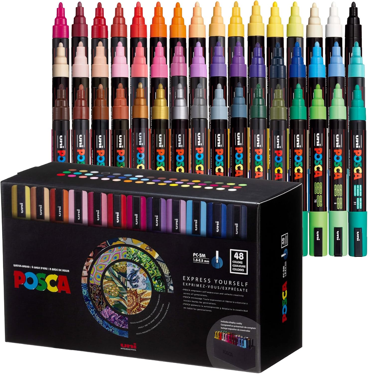 POSCA® PC-5M Paint Markers. Medium (1.8-2.5mm). Assorted. 48 Pack & Caddy | Includes POSCA display caddy with compartments. water-based opaque paint for 50+ surfaces. quick-drying. ACMI-certified