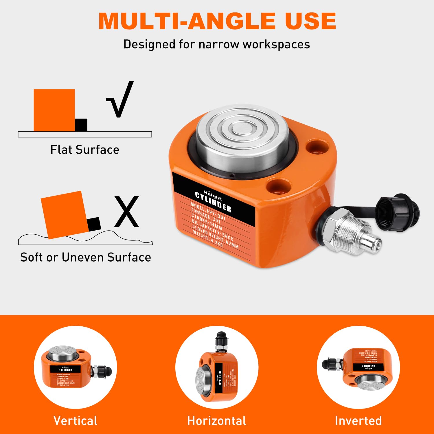 Nilight 30Ton Hydraulic Cylinder Jack Porta Power Ram Single Acting Lifting | Heavy Duty Low Profile 0.55 Inch Stroke Automatically Retract Mini Jack Ram Cylinders for Machinery Shipbuilding. Orange