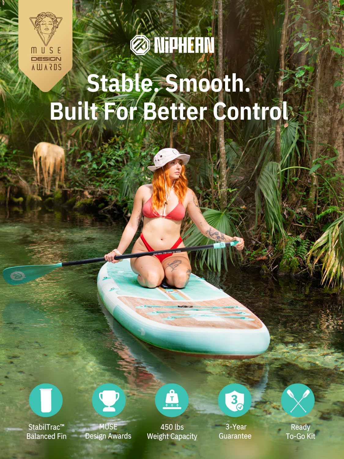 Niphean Inflatable Stand Up Paddle Board with SUP Accessories.Green Wood | 10'6'' SUP. Anti-Slip EVA Deck. 450 lbs Capacity Inflatable Paddle Boards for Adults & Youth of All Skill Levels