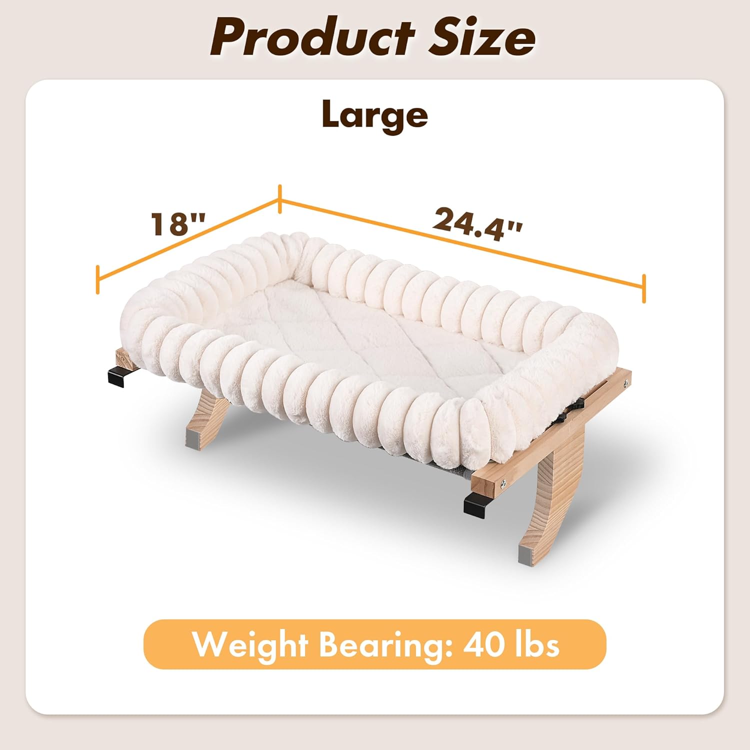 Zoratoo Cloud-Soft Wooden Cat Window Sill Perch with Zipper Cushion.L White | 24.4''x18''. Removable for Machine Wash. Fluffy Plush Bolster. Sturdy Metal Frame for Large Cats up to 40lbs. Easy to Adjust