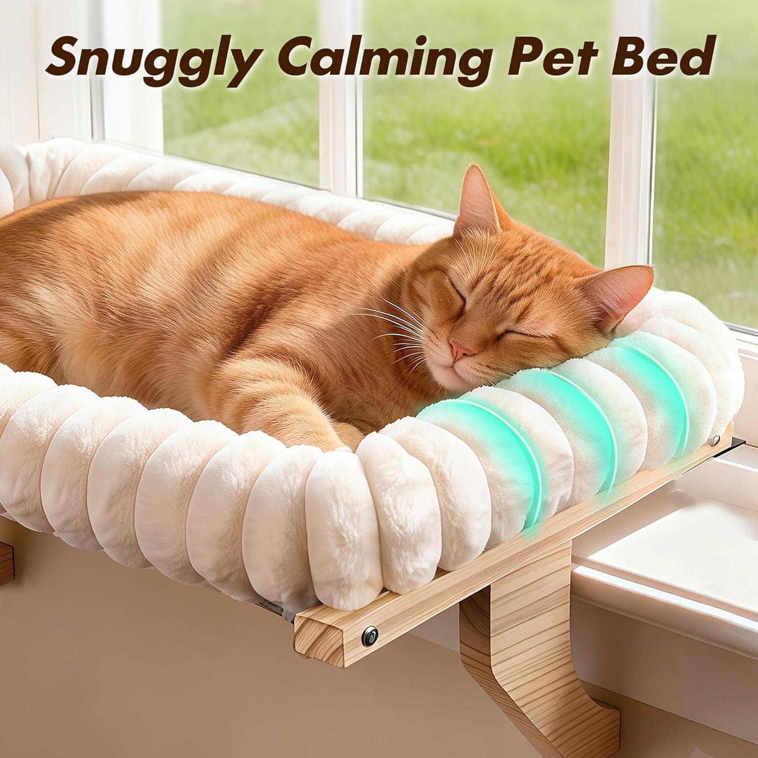 Zoratoo Cloud-Soft Wooden Cat Window Sill Perch with Zipper Cushion.L White | 24.4''x18''. Removable for Machine Wash. Fluffy Plush Bolster. Sturdy Metal Frame for Large Cats up to 40lbs. Easy to Adjust