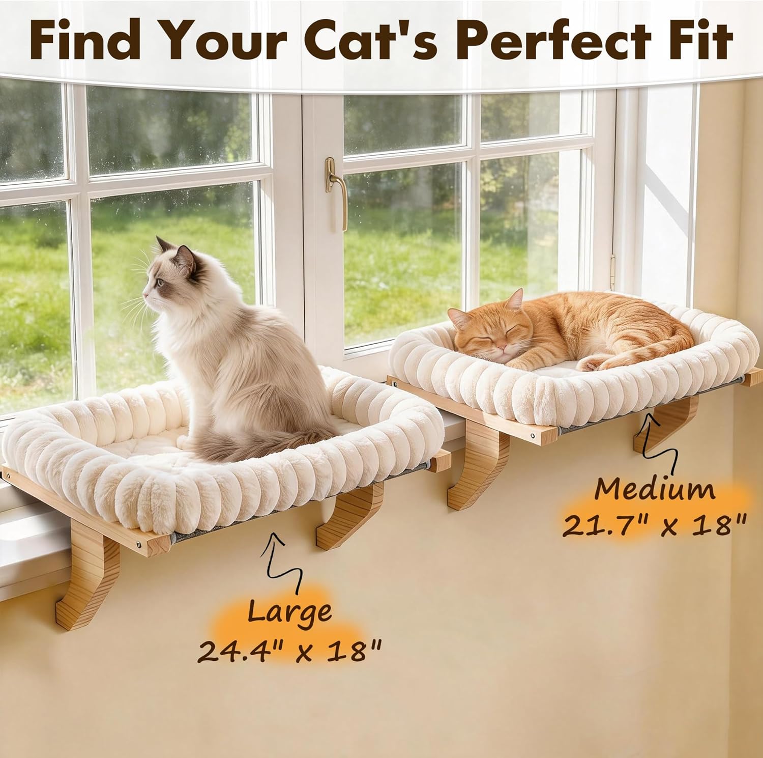 Zoratoo Cloud-Soft Wooden Cat Window Sill Perch with Zipper Cushion.L White | 24.4''x18''. Removable for Machine Wash. Fluffy Plush Bolster. Sturdy Metal Frame for Large Cats up to 40lbs. Easy to Adjust