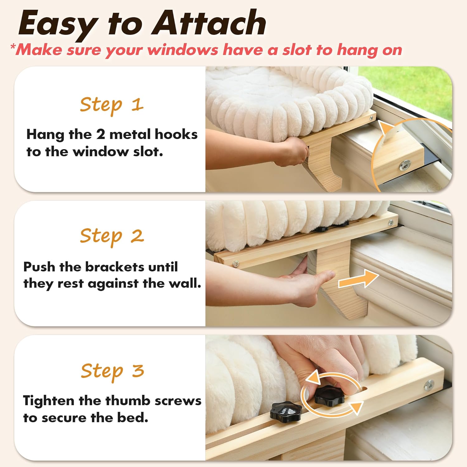Zoratoo Cloud-Soft Wooden Cat Window Sill Perch with Zipper Cushion.L White | 24.4''x18''. Removable for Machine Wash. Fluffy Plush Bolster. Sturdy Metal Frame for Large Cats up to 40lbs. Easy to Adjust