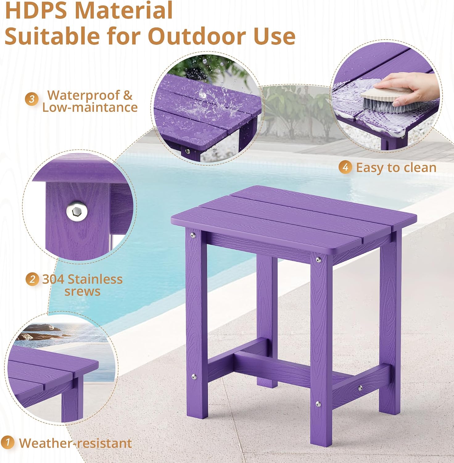 LUE BONA Outdoor Side Table Set of 2. HDPS Small Outdoor Table. Adirondack Side Table. Outside End Table for Patio. Porch. Deck. Pool. Weather Resistant/Easy Maintenance. Purple