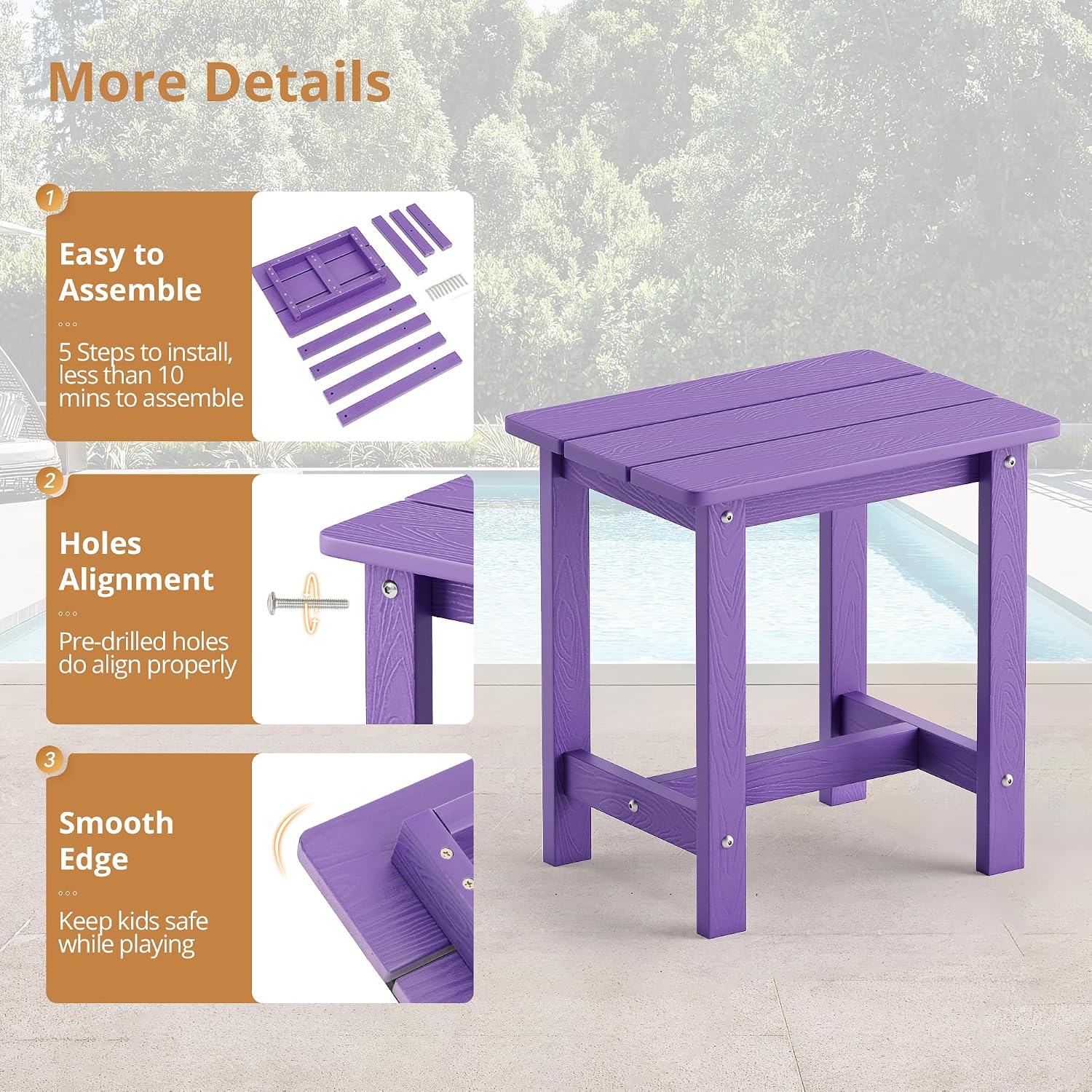 LUE BONA Outdoor Side Table Set of 2. HDPS Small Outdoor Table. Adirondack Side Table. Outside End Table for Patio. Porch. Deck. Pool. Weather Resistant/Easy Maintenance. Purple