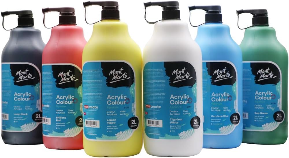 Mont Marte Discovery School Acrylic. 6 Basic Colors. 1/2 Gallon (2 Liter). Ideal for Students and Artists. Excellent Coverage and Fast Drying. Pump Lid Included