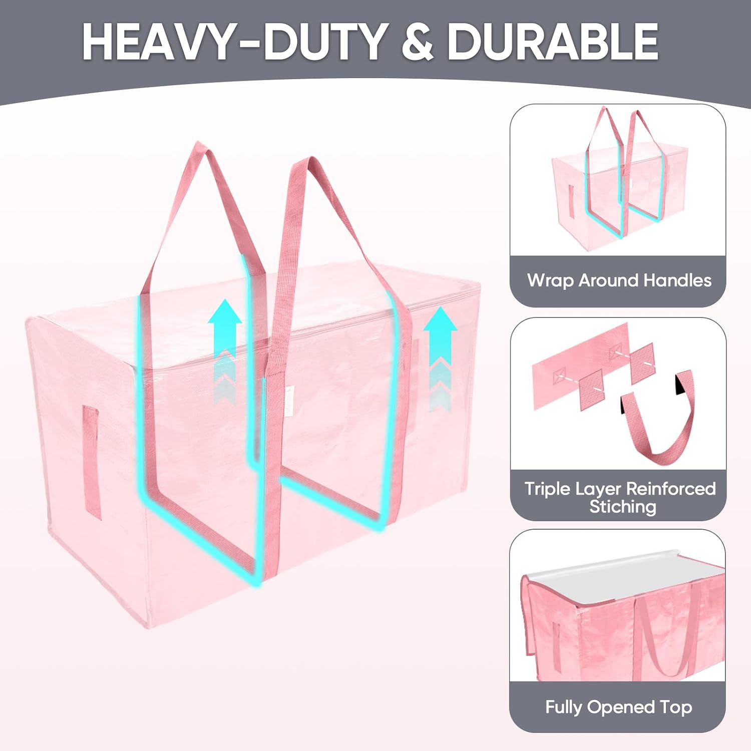 TICONN 2 Pack Extra Large Moving Bags Heavy Duty with Zippers & Carrying Handles. Durable Storage Bags Moving Boxes for Closet Organizers and Storage (2 Pack. Coral)