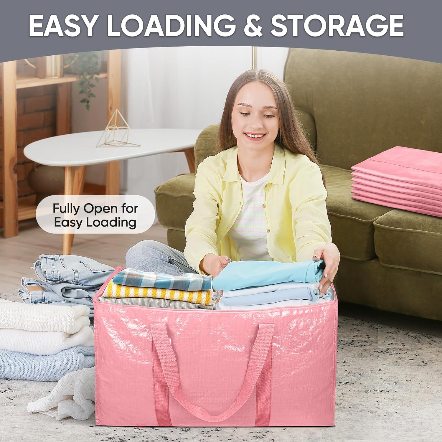 TICONN 2 Pack Extra Large Moving Bags Heavy Duty with Zippers & Carrying Handles. Durable Storage Bags Moving Boxes for Closet Organizers and Storage (2 Pack. Coral)
