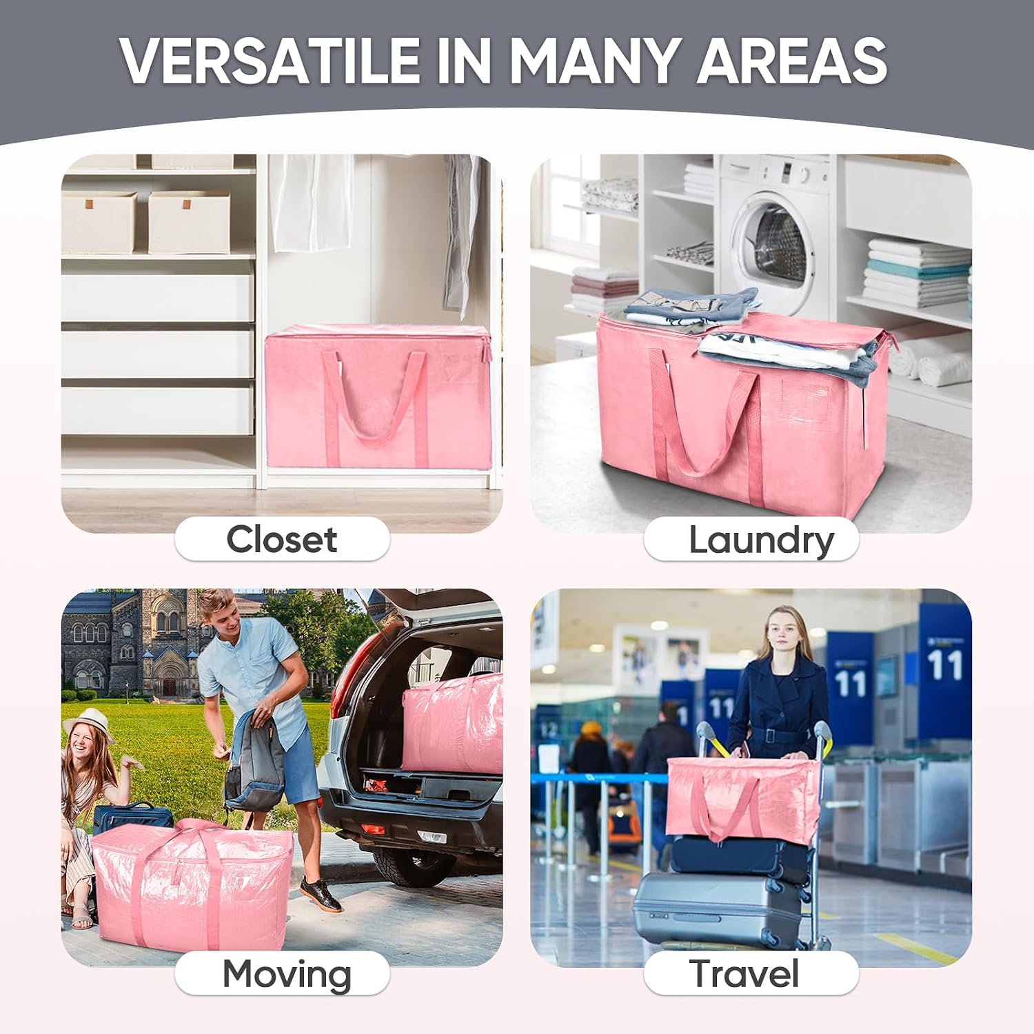 TICONN 2 Pack Extra Large Moving Bags Heavy Duty with Zippers & Carrying Handles. Durable Storage Bags Moving Boxes for Closet Organizers and Storage (2 Pack. Coral)