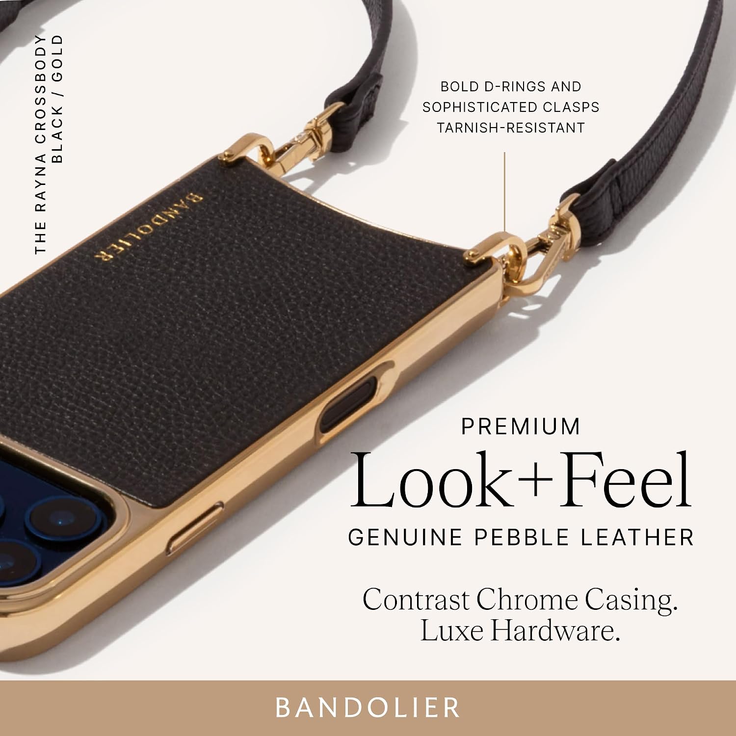 Bandolier Rayna Crossbody Phone Case for iPhone 17. 100% Genuine Pebble Leather with Gold Hardware. Adjustable & Removable Strap. Magnetic Backing. Magsafe Compatible.