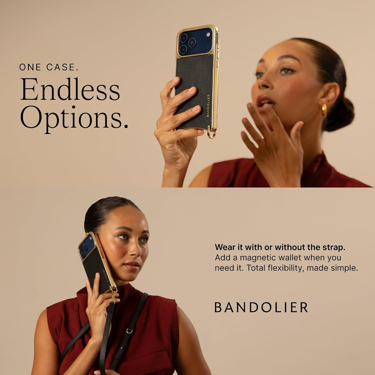 Bandolier Rayna Crossbody Phone Case for iPhone 17. 100% Genuine Pebble Leather with Gold Hardware. Adjustable & Removable Strap. Magnetic Backing. Magsafe Compatible.