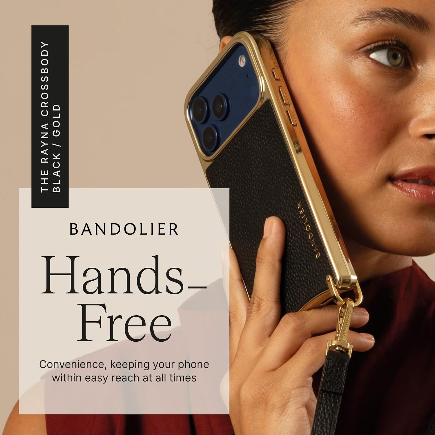Bandolier Rayna Crossbody Phone Case for iPhone 17. 100% Genuine Pebble Leather with Gold Hardware. Adjustable & Removable Strap. Magnetic Backing. Magsafe Compatible.