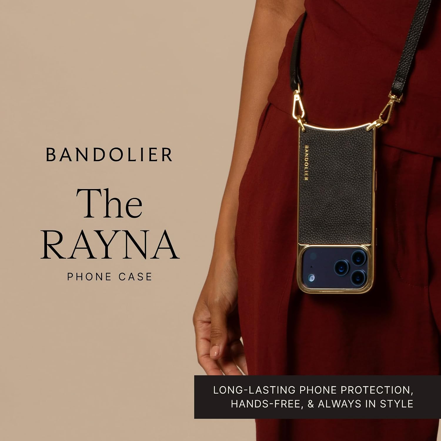 Bandolier Rayna Crossbody Phone Case for iPhone 17. 100% Genuine Pebble Leather with Gold Hardware. Adjustable & Removable Strap. Magnetic Backing. Magsafe Compatible.